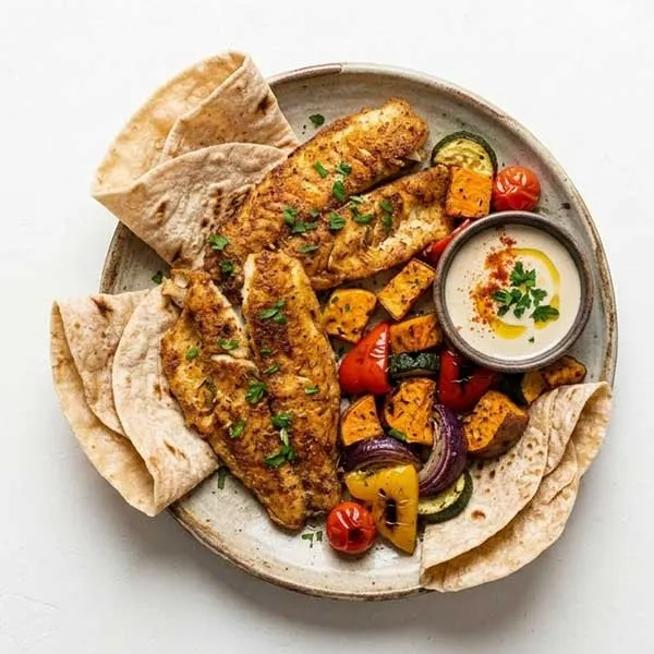 Egyptian fried fish with roasted vegetable and marqook bread